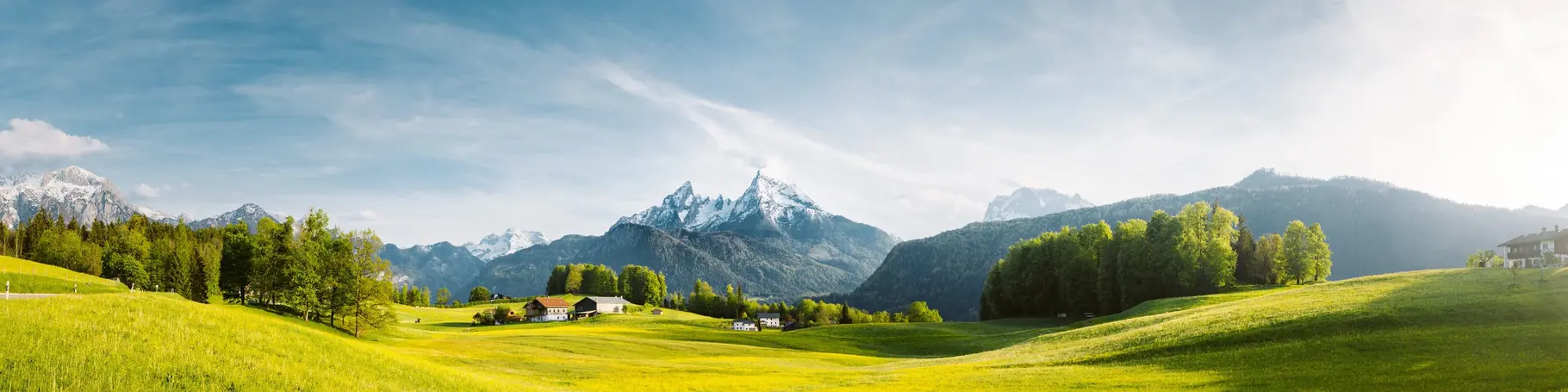 Idyllische Alpenlandschaft mit blühenden Wiesen und schneebedeckten Berggipfeln an einem sonnigen Frühlingstag mit blauem Himmel.