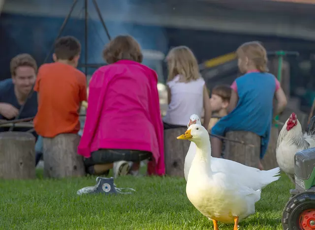 im Familienurlaub in Bayern am Lagerfeuer Stockbrot essen