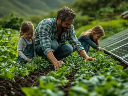 Beautiful young female farmer working in her garden with her daughter sitting by. Young mother and daughter working in the farm.