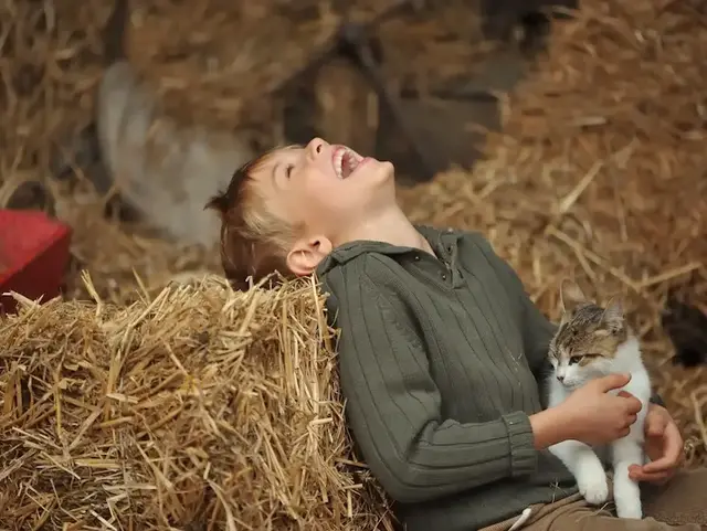 Kind liegt entspannt im Heu in einer Scheune und streichelt eine Katze. 