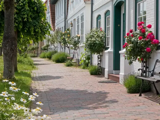 Mit Rosen geschmückte Häuser in einer Gasse im idyllischen Arnis an der Schlei in Schleswig-Holstein