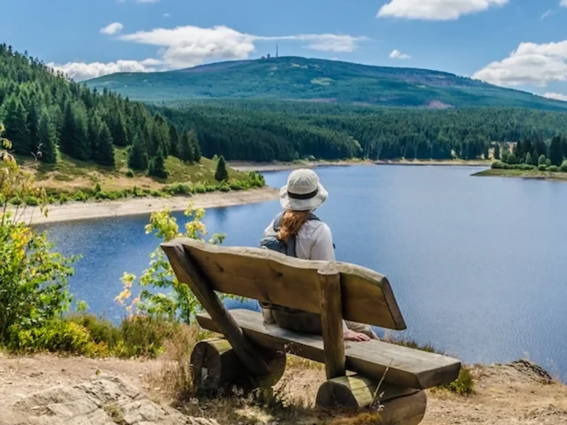 Eine Frau in Wanderkleidung sitzt auf einer Holzbank an der Eckertalsperre im Harz und blickt auf den Brocken in der Ferne.