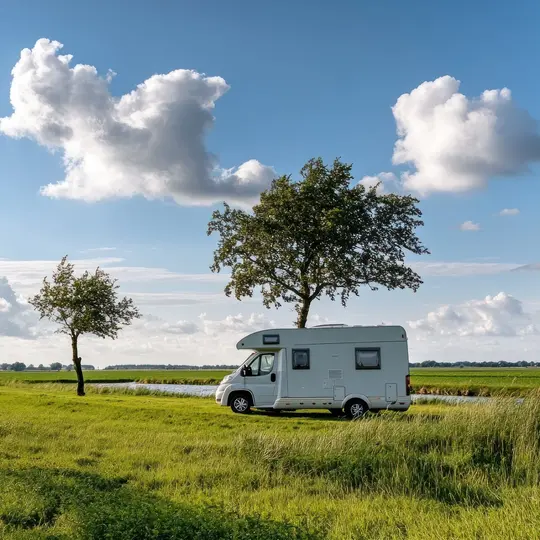 Ein weißer Campervan steht inmitten einer lebendigen Landschaft, eingerahmt von zwei Bäumen unter einem Himmel mit flauschigen Wolken – das Bild strahlt ein Gefühl von Freiheit aus.