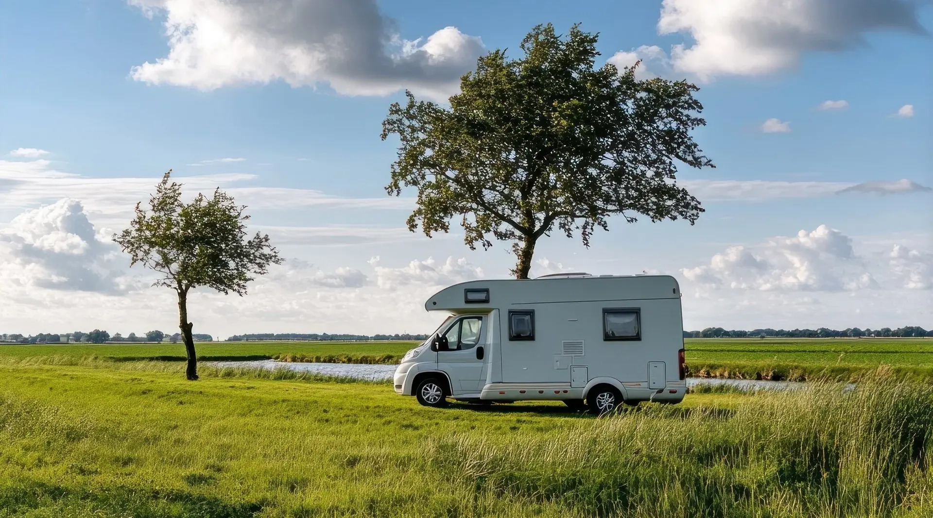 Ein weißer Campervan steht inmitten einer lebendigen Landschaft, eingerahmt von zwei Bäumen unter einem Himmel mit flauschigen Wolken – das Bild strahlt ein Gefühl von Freiheit aus.