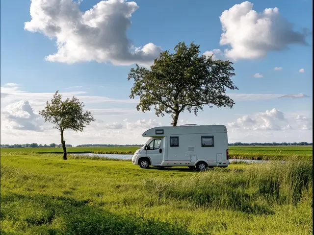 A white campervan is set amidst a vibrant landscape, standing between two trees under a sky filled with fluffy clouds, emanating a sense of freedom.