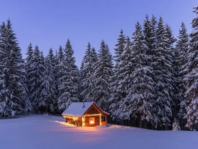 Beleuchtete Holzhütte im verschneiten Wald bei Nacht mit Winterlandschaft und Tannenbäumen