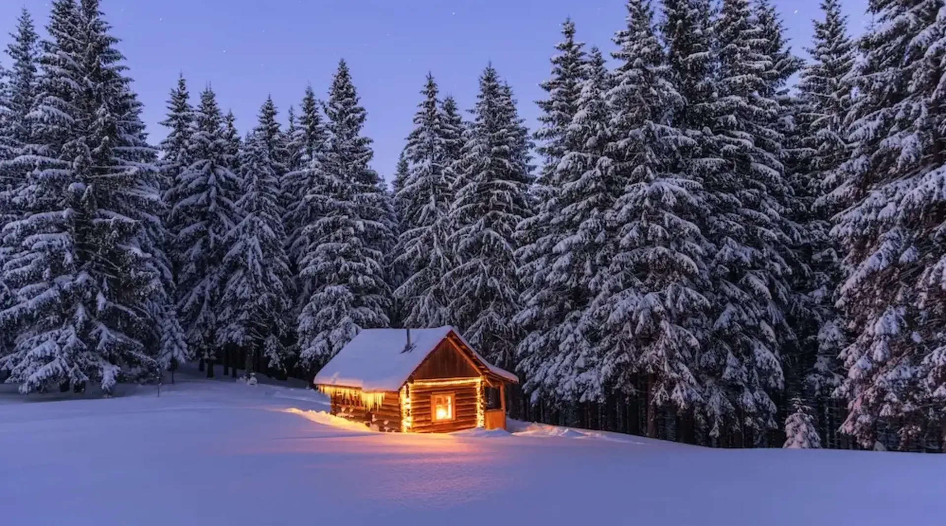 Beleuchtete Holzhütte im verschneiten Wald bei Nacht mit Winterlandschaft und Tannenbäumen