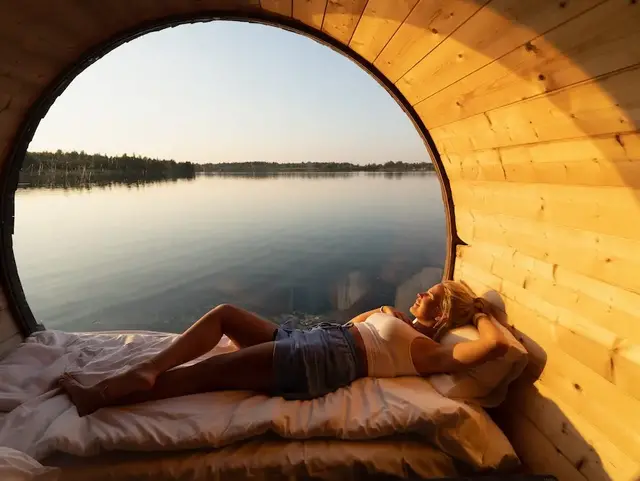 Paar liegt im Inneren eines Holz-Weinfasses mit Blick auf einen See bei Sonnenuntergang