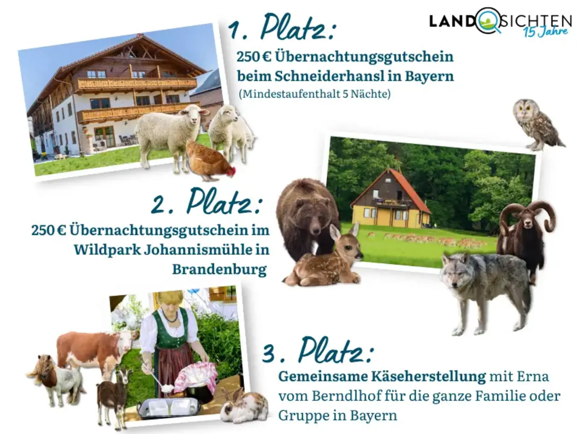 Zu Gewinnen gibts: 1. Platz: 250 € Übernachtungsgutschein beim Schneiderhansl in Bayern Mindestaufenthalt: 5 Nächte 2. Platz: 250 € Übernachtungsgutschein im Wildpark Johannismühle in Brandenburg 3. Platz: Gemeinsame Käseherstellung mit Erna vom Berndlhof in Bayern – für die ganze Familie oder Gruppe