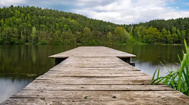 Holzsteg an einem ruhigen See im Bayerischen Wald – Urlaub auf dem Land