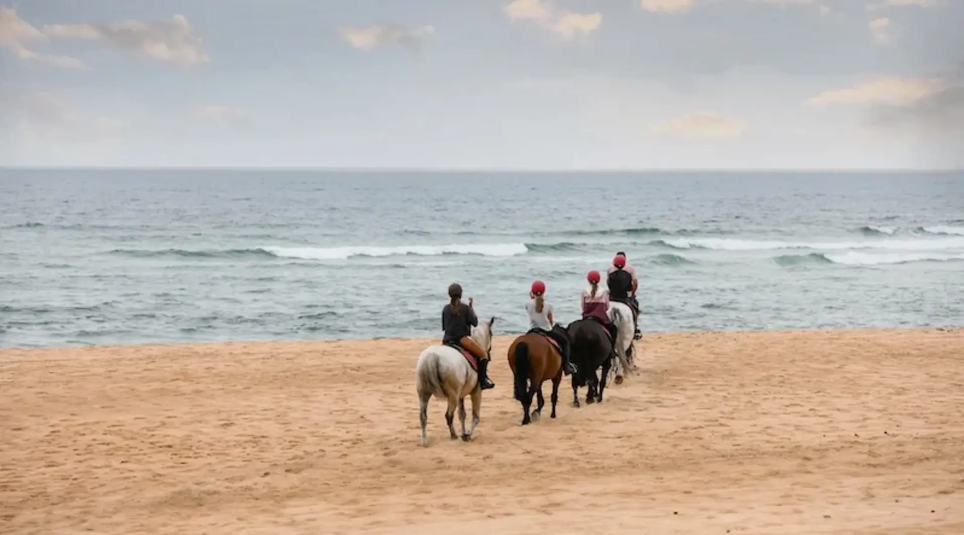Gruppe von fünf Reitern reitet am Strand entlang.