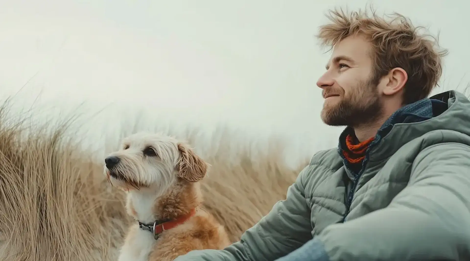 Ein Mann in warmer Jacke sitzt mit seinem Hund in den Dünen auf Fehmarn. 