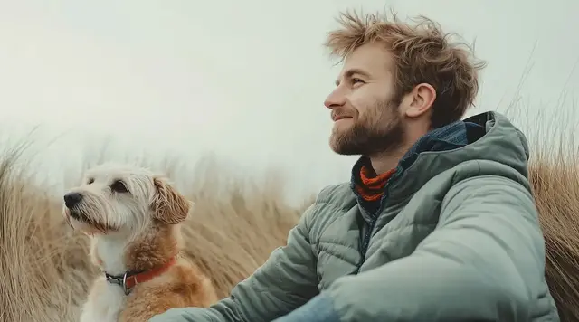 Ein Mann in warmer Jacke sitzt mit seinem Hund in den Dünen auf Fehmarn. 