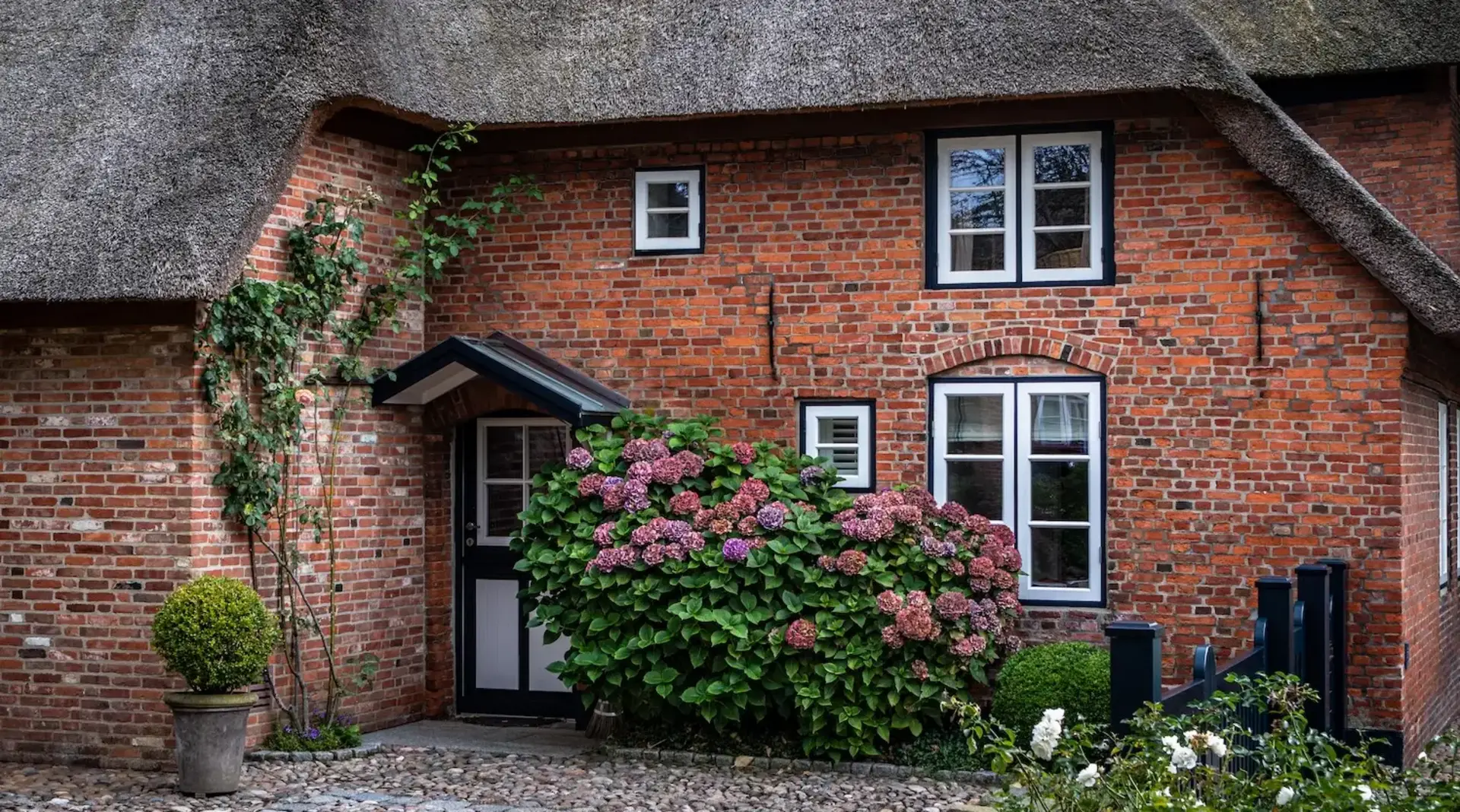 Reetdachhaus in Süderende – Bauernhofurlaub Nordsee Ein Backsteinhaus mit Reetdach und Hortensie steht im Dorf Süderende an der Nordsee.