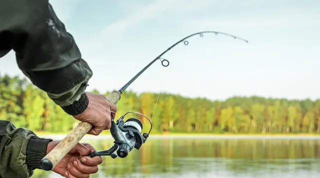 Person angelt an einem See in ländlicher Umgebung