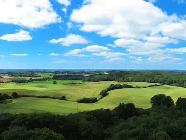 Landschaft mit Hügel, abwechslungsreicher Urlaub auf dem Land - © Wilm Ihlenfeld – stock.adobe.com Hügelige landschaft mit Wald und Feldern und blau weißer Himmel sorgen für einen entspannten Urlaub auf dem Land.