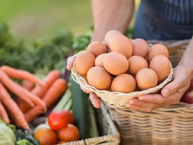 Eier und Gemüse auf dem Bauernhof einkaufen - © im Urlaub auf dem Bauernhof frisches Gemüse und Eier im Hofladen einkaufen