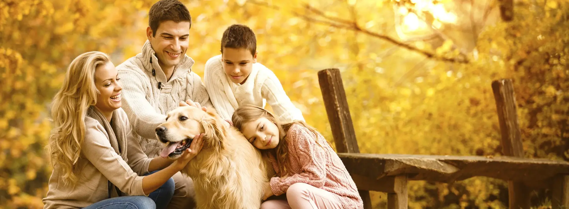 Familie macht mit dem Hund einen Spaziergang im Herbstwald