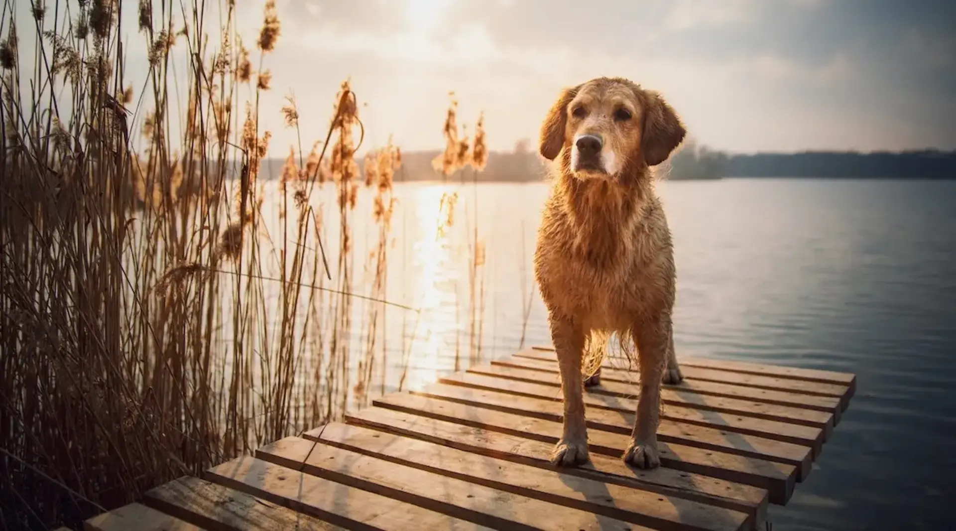 Urlaub mit Hund auf dem Land– Erholung am See - © japono, adobe stock Hund steht auf einem Holzsteg an einem ruhigen See im Abendlicht