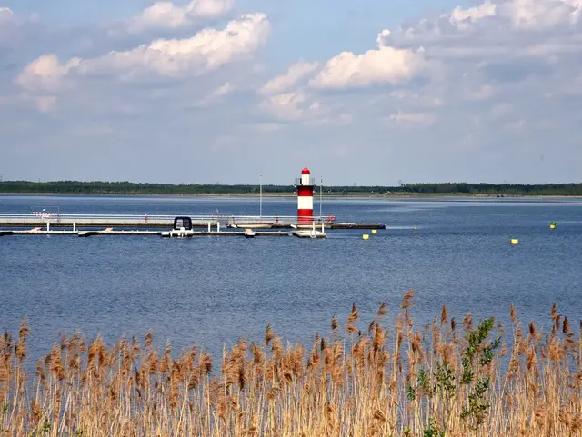 Rot-weißer Leuchtturm am Bärwalder See umgeben von Miscanthus und weiter Landschaft in der Oberlausitz
