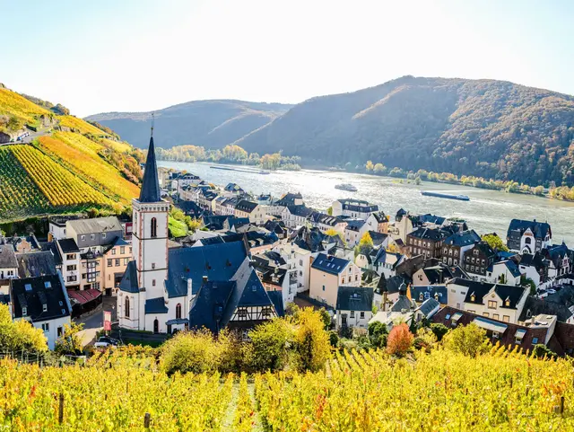 Blick auf Assmannshausen am Rhein mit seinen Häusern, Weinbergen und bewaldeten Hügeln im Rheingau.