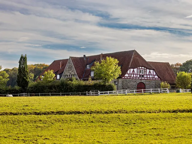 Blick über eine grüne Wiese auf die Gebäude des Gestüts Altefeld in Hessen, umgeben von Bäumen.