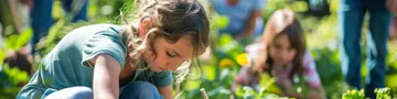 Families of all ages are working together in a community garden, tending to crops and enjoying shared moments outdoors while promoting sustainability and teamwork.