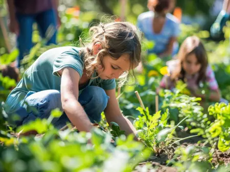Families of all ages are working together in a community garden, tending to crops and enjoying shared moments outdoors while promoting sustainability and teamwork.