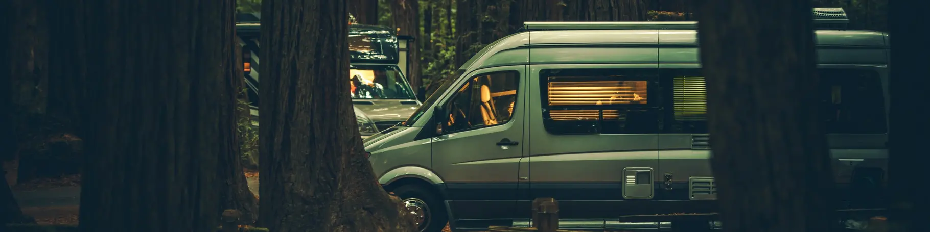 Modern Class B Motorhome Camper Van Camping Between Redwood Trees. Northern California, United States.