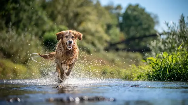 Hund läuft durch einen Bach und spritzt Wasser
