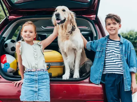 alt="Kinder verreisen mit Hund"