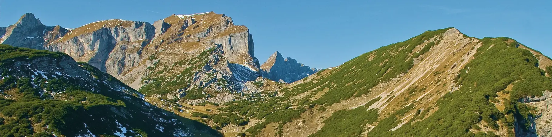 Blau-türkiser Bergsee im Herbst mit Silberdistel im Vordergrund.