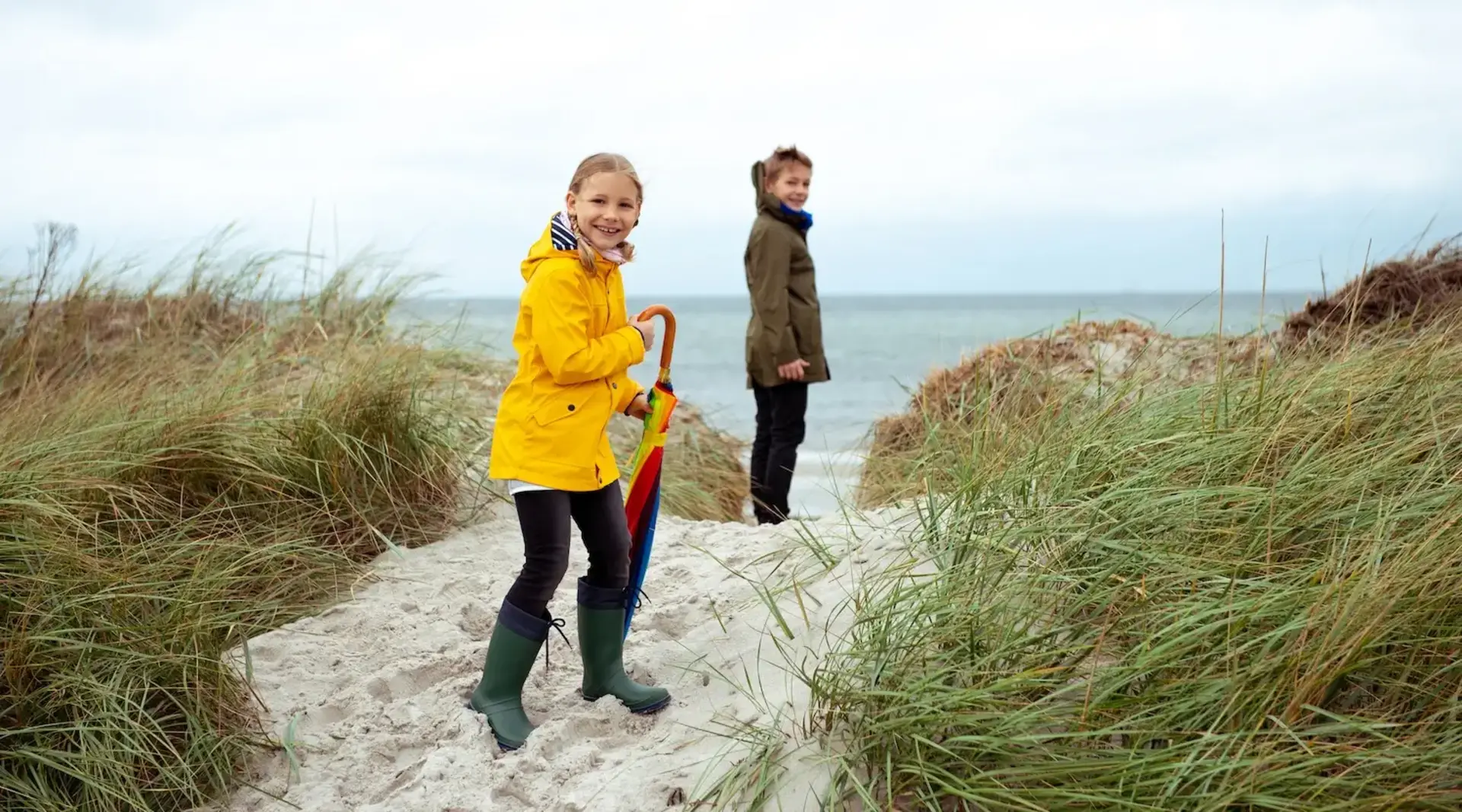 Ostseeurlaub mit Kindern – Gemeinsam Wind und Wellen genießen - © spass, AdobeStock Zwei Jugendliche mit Regenschirm an der windigen Ostseeküste während eines Familienurlaubs am Meer.