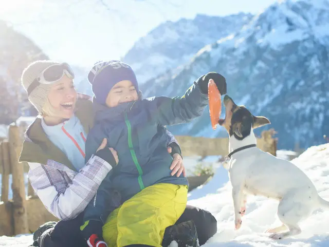 Fröhliche Familie beim Spielen mit einem Hund auf einer sonnigen Bergwiese in den österreichischen Alpen.