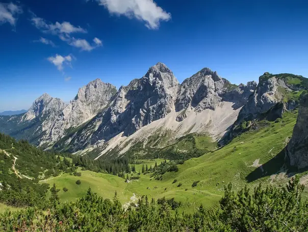 Bergpanorama mit Almwiesen und Wanderwegen im Sommer
