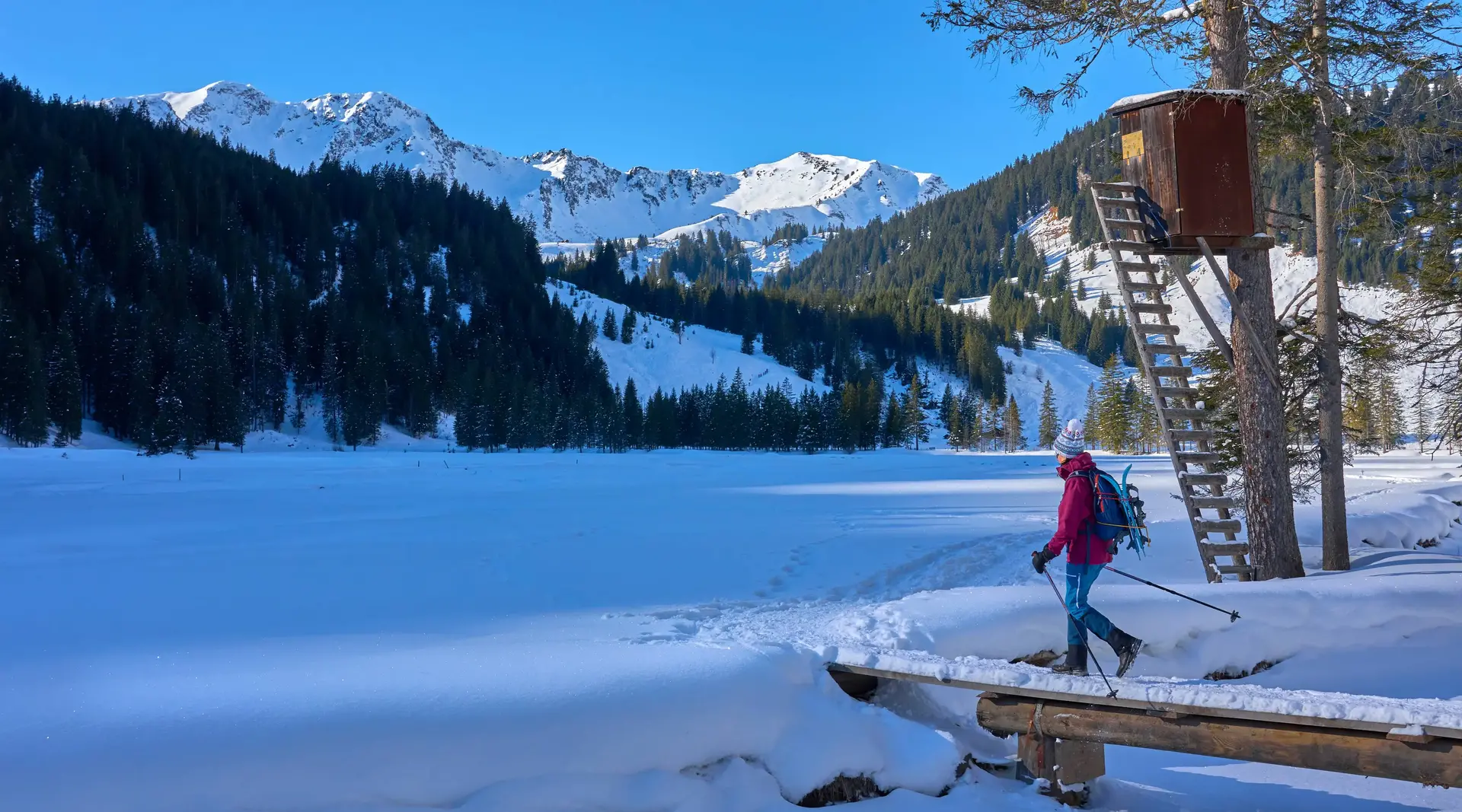 Ältere Frau mit Schneeschuhen beim Wandern durch die verschneite Berglandschaft des Kleinwalsertals in Vorarlberg.
