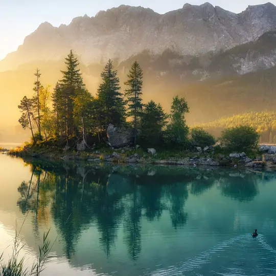 Idyllischer See bei Sonnenaufgang, ein malerisches Panorama mit majestätischen Bergen und dem goldenen Sonnenlicht, das hinter den Bäumen hereinscheint