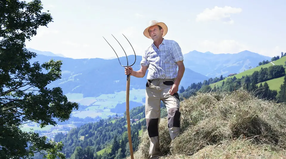 Bergbauer mit Heugabel bei der Heuarbeit als Motiv für Urlaub auf dem Bergbauernhof und ländliche Landwirtschaft.