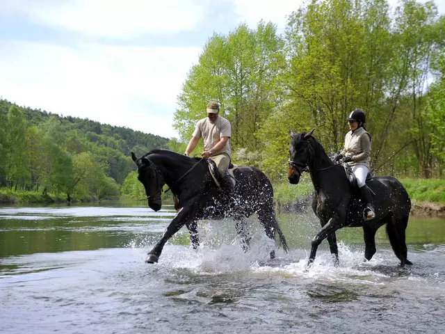 Reiter durchqueren beim Ausritt einen Fluss