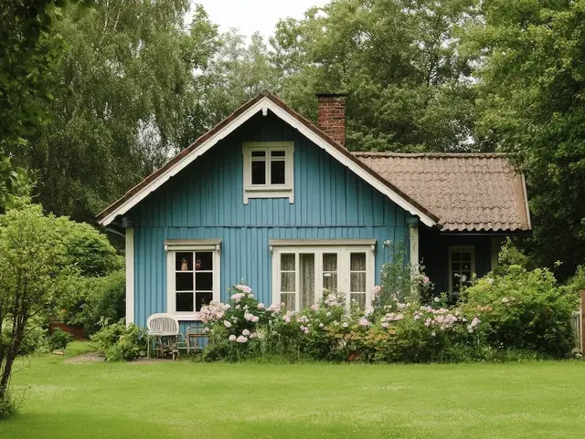 Hellblaues kleines Ferienhaus umgeben von Natur.