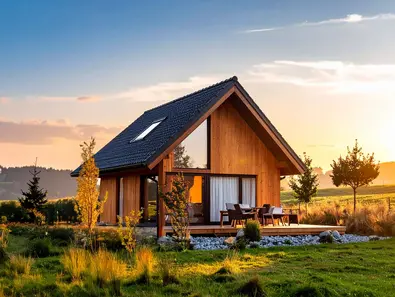 Kleines modernes Ferienhaus auf dem Land mit Holzschirm im orangen Abendlicht.