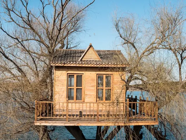 kleines Baumhaus mit Außentreppe am See.