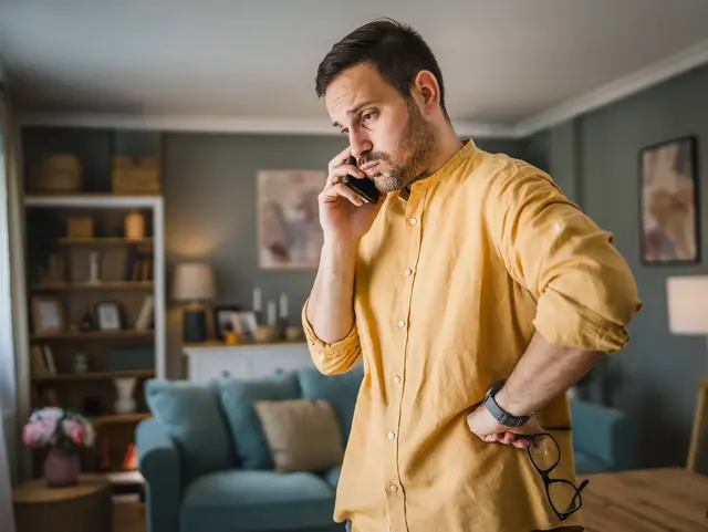 One adult man with eyeglasses at home use mobile phone have problem One man adult caucasian male with beard and eyeglasses stand at home happy smile use mobile phone smartphone to send sms text messages or browse internet online copy space