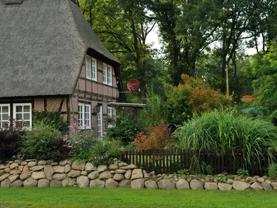 Ferienhaus in Niedersachsen Fachwerkhaus mit Krüppelwalmdach ist mit Schilf gedeckt und umgeben von grünen Büschen