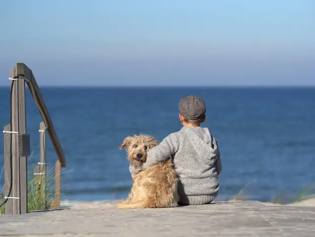 Gemeinsame Auszeit am Meer – Familienurlaub auf Fehmarn mit Hund Ein Kind sitzt mit einem Hund nebeneinander auf einer Treppe zum Meer im Familienurlaub auf Fehmarn.