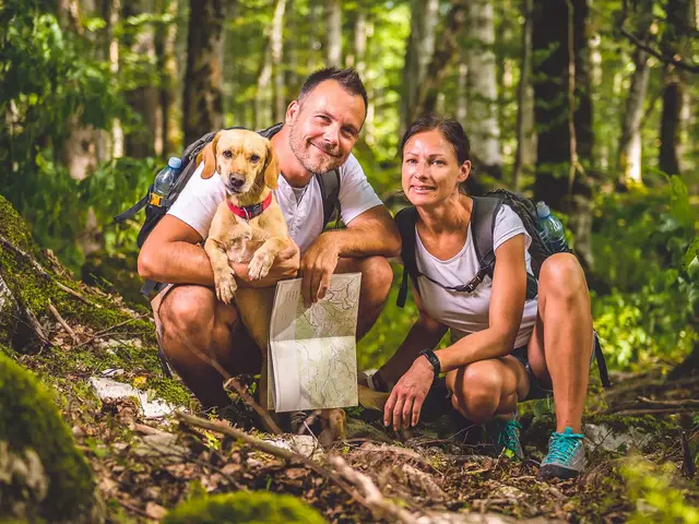 Wanderer machen eine Wadertour mit ihrem Hund
