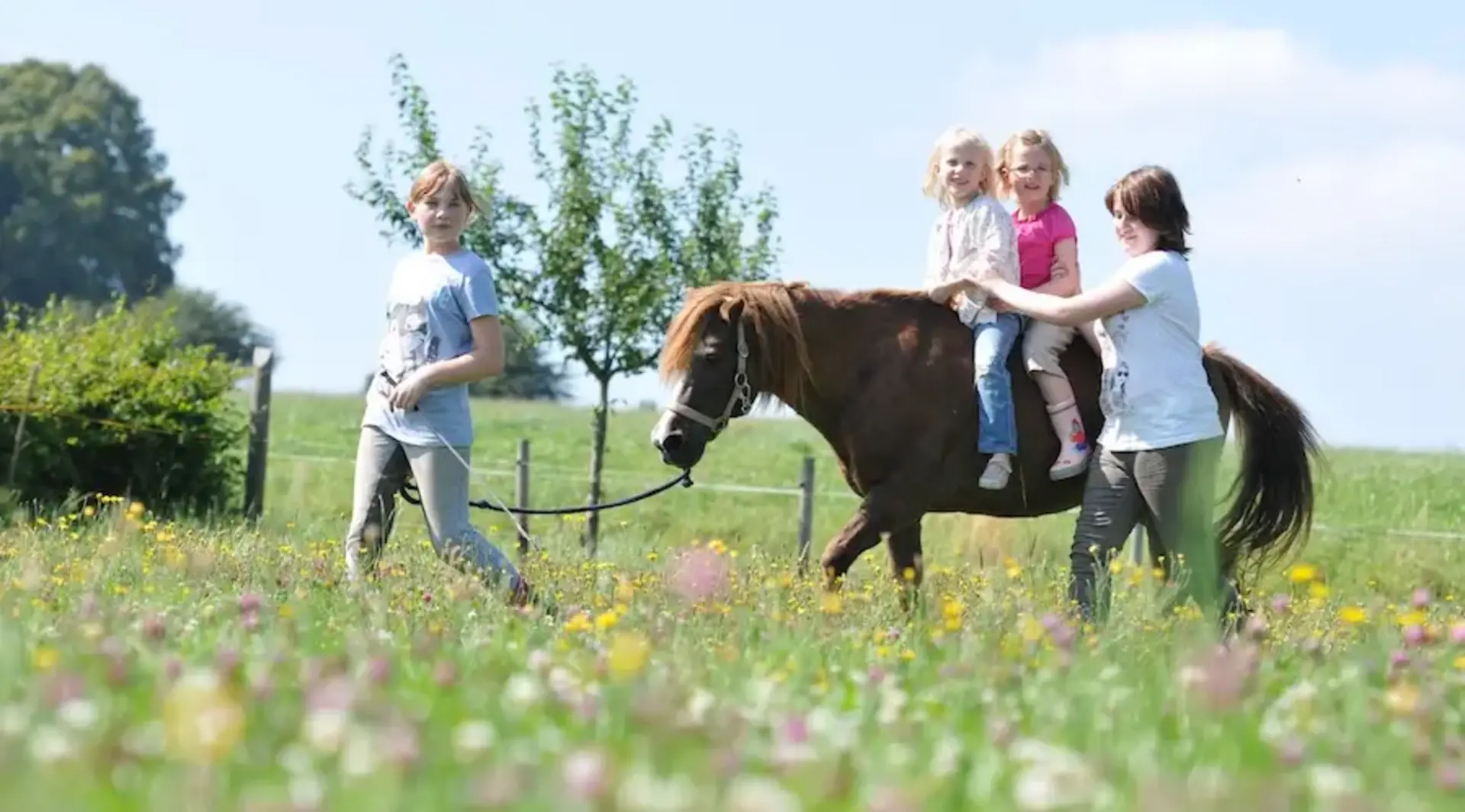 Besonderen Momente auf dem Pferderücken - Reiturlaub auf Fehmarn Zwei Kinder sitzen gemeinsam auf einem Pony, das von einem Kind geführt und von einer weiteren Person neben dem Tier festgehalten wird – ein Reiterlebnis auf dem Land.