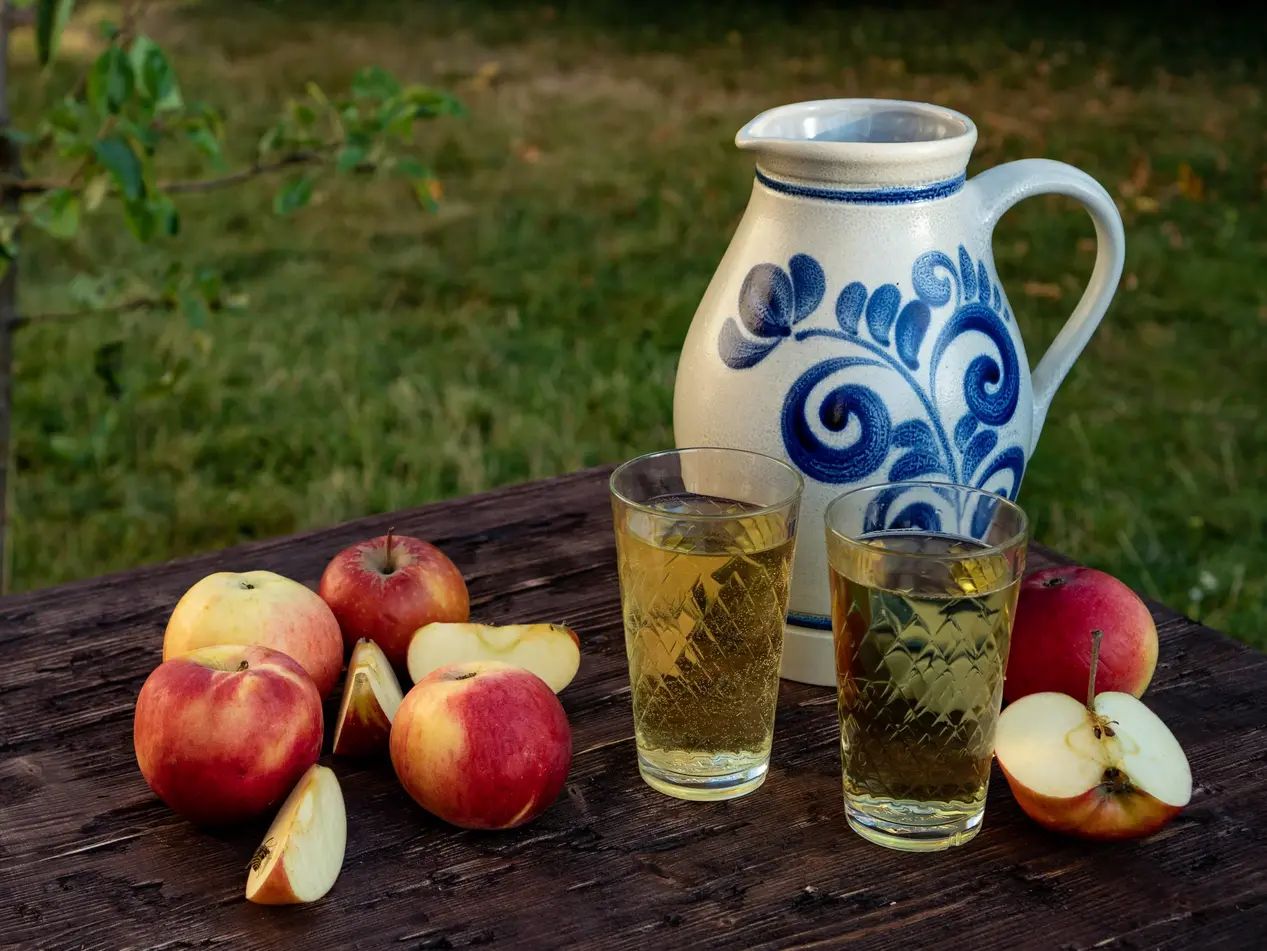 Traditioneller hessischer Apfelwein in zwei Gläsern neben einem blau verzierten Bembel und frischen roten Äpfeln auf einem Holztisch im Garten.