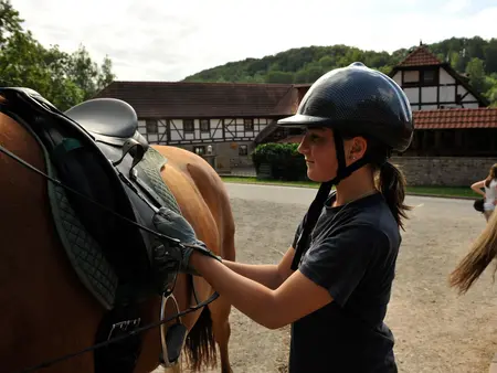 im Urlaub auf dem Kinderbauernhof spielen Kinder mit den Katzen