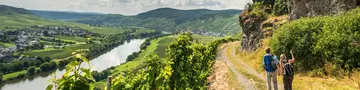 Wandern auf dem Moselsteig - © Dominik Ketz, Rheinland-Pfalz Tourismus GmbH Wanderer auf dem Moselsteig bestaunen Felsmassiv und Weitblick über das Moseltal